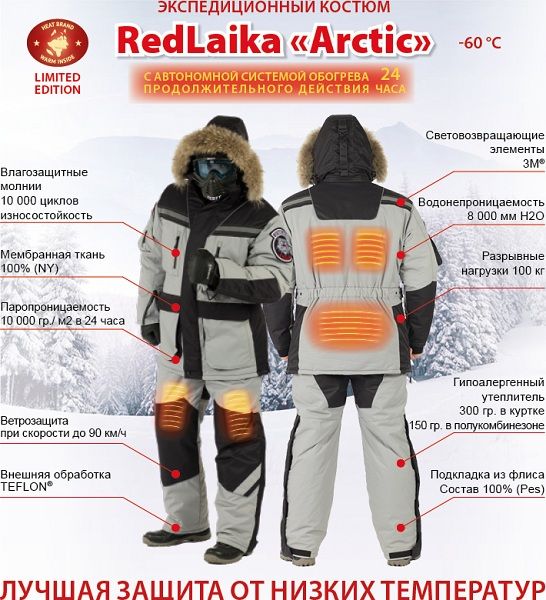 Redlaika - Экипировка с подогревом Арктик пять греющих модуля (5200 мАч)