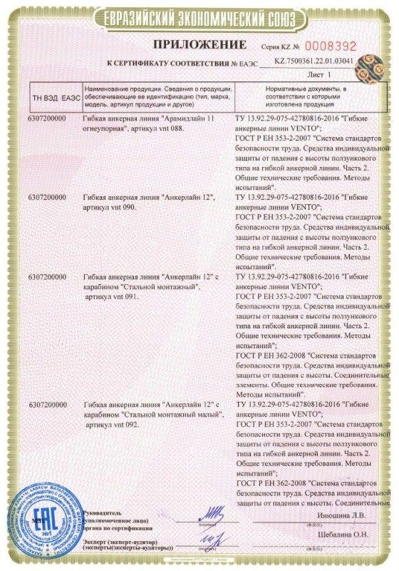 Венто - Гибкая анкерная линия Стальной монтажный Анкерлайн 11