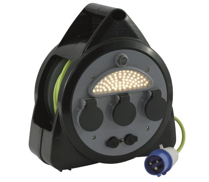 Outwell - Сетевой фильтр с удлинителем-рулеткой и светодиодным фонарём Mensa Mains 3way Roller Kit w