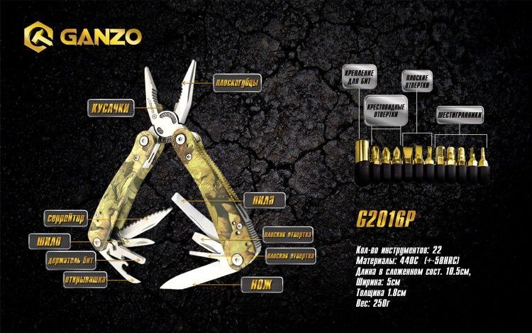 Мультиинструмент тактический Ganzo Multi Tool G2016-P