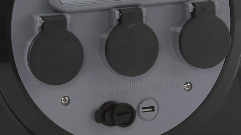 Outwell - Сетевой фильтр с удлинителем-рулеткой и светодиодным фонарём Mensa Mains 3way Roller Kit w